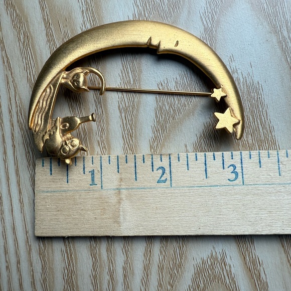 Vintage LIA Owl & Cat on Moon Brooch Gold Tone Crescent Pin 3" - Picture 5 of 5